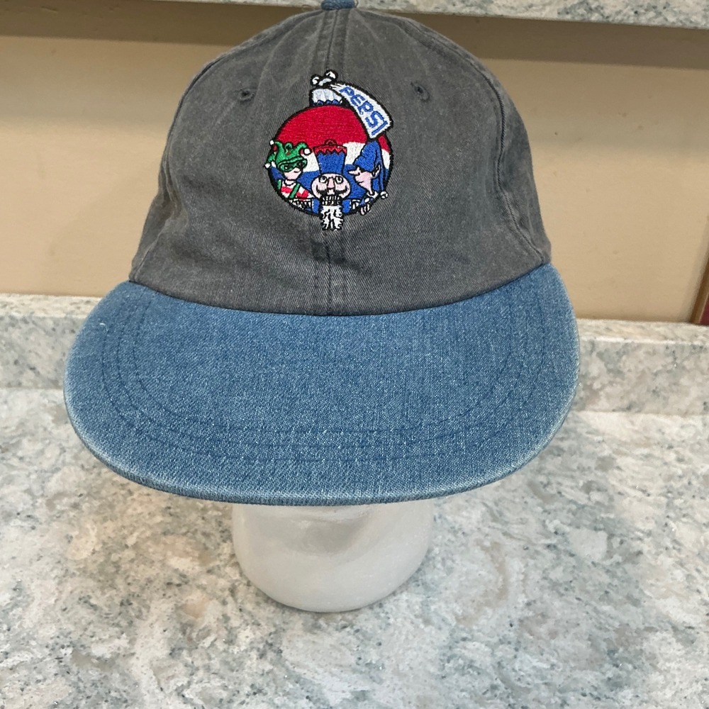 Adams Baseball Cap Pepsi Holiday Ornament OSFM Grey Blue Denim Leather Strapback